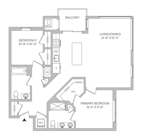 Floorplan of a 1,185 square foot 2 bedroom 2 bath apartment with a balcony